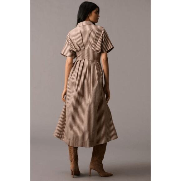 Anthropologie Exquise The Tobie Button Front Pleated Shirt Dress Brown Striped - Picture 4 of 8